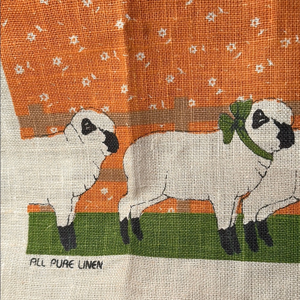 Pure Linen Sheep‎ Design Tea Towel - Orange and Green 100